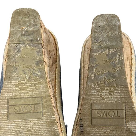 Toms Cork Espadrille Wedge Blue Denim Peep Toe Slip On Shoes Womens sz 7.5 - Picture 14 of 16